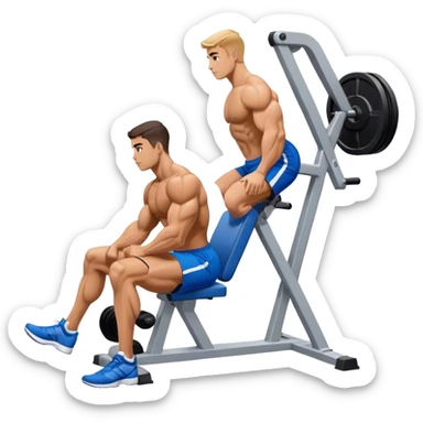 side-view bodybuilder in blue shorts seated weighted calf-raise machine on his tip toes sticker