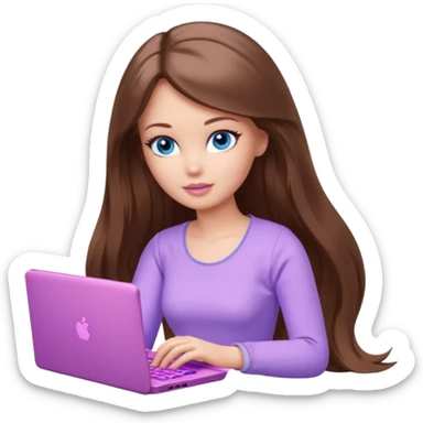 beautiful barbie girl with long brown hair, blue eyes and wearing light purple clothes playing pc games sticker