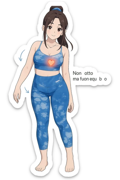 stile manga a woman stands in a relaxed pose, with a gentle, confident expression. Her body is shown with subtle, curved lines or arrows indicating areas of imbalance (such as a slight tilt in the shoulders or hips), but no signs of injury or damage. A soft glow or heart symbol at her core emphasizes resilience and the message “Non rotto, ma fuori equilibrio” The background is clean and clinical, with light blue tones. sticker