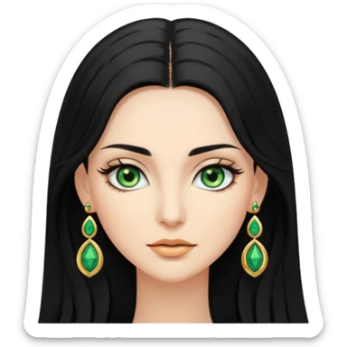 Attractive woman with long black hair and long eyelashes and green eyes and gold jewelry sticker