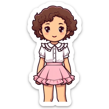 light skin girl, brown eyes, short curly brown hair, white blouse with ruffles, pink skirt with ruffles sticker
