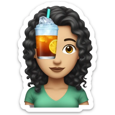 white girl with long black curly hair holding a brisk ice tea sticker