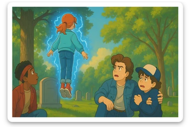 Max from Stranger Things levitating above a grave in a cemetery, seen from behind, Dustin hiding behind Steve in fear, Lucas looking up at Max, Ghibli style, wide aspect ratio (16:9), supernatural glowing effects, expressive and emotional scene. sticker