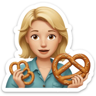 Winking, Dirty blond woman, fair skin with freckles,  holding pretzel sticker