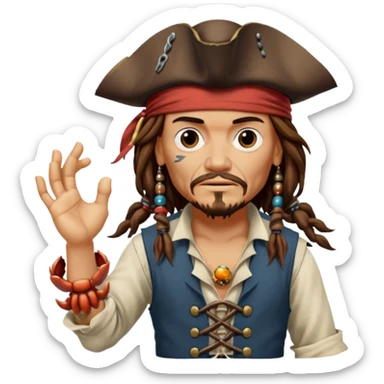jack sparrow from the film pirates of the caribbean, shooo-ing the stone-crab.
- jack is looking to the left, hands mimicing to the left
 sticker