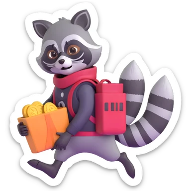 cartoon raccoon bandit with mask carrying stolen loot sticker