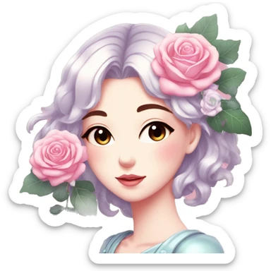 Gorgeous pastel shiny pearly anime style lady with blushing face and roses leaves shiny aesthetic trending style sticker