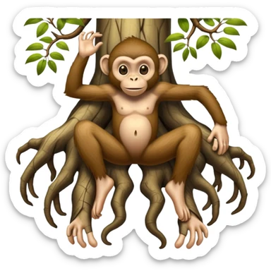 A creature with realistic human feet at the bottom, tree roots forming the legs, and a cartoon monkey face on top sticker