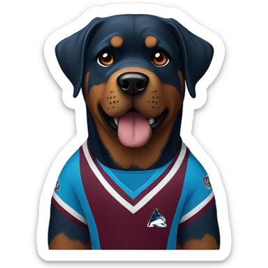 A Rottweiler wearing an Avalanche jersey  sticker
