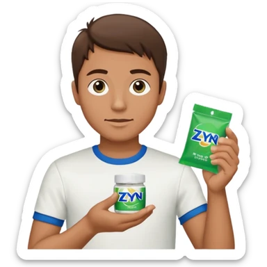 Man holding Zyn spearmint snus in palm and a white pouch in the other sticker
