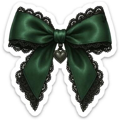 green gothic bow with black lace trim and heart charm, remove background sticker