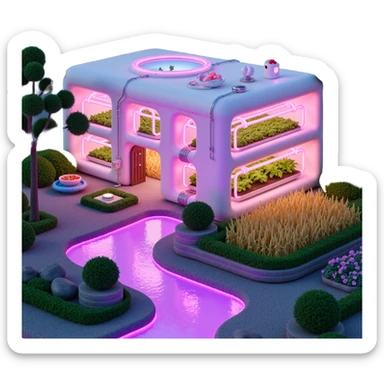 Exterior view of a futuristic hydroponic farm with glowing neon pipes and transparent water channels, sleek buildings shaped like nutrient tanks, vegetables and wheat growing in vertical layers, surreal atmosphere, emoji-style sticker