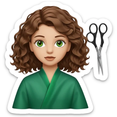 Girl with green eyes and brown wavy hair getting haircut with scissors sticker
