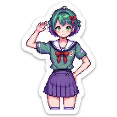Pixel art anime girl with short bright purple hair wearing Japanese sailor style school uniform, trying to look confident with hand on hip but nervously waving with a shy blush and timid smile sticker