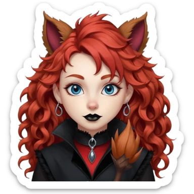  long curly red hair (darker), red pointed ears with black trim, black goth outfits, body and face human, blue eyes, more pointy chin, black lipstick, big fluffy red squirrel tail with black tips, like the attached photo with more outfits and poses,  sticker