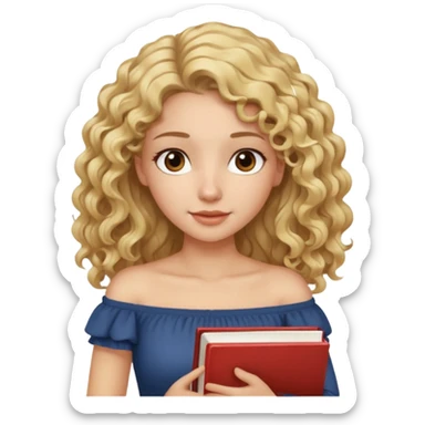 woman with long curly blond hair, brown eyes, wearing an off-shoulder top, studying sticker