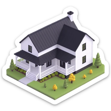 modern farmhouse with white siding, black roof and black trim, isometric sticker