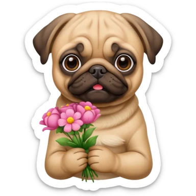 pug dog holding flowers sticker