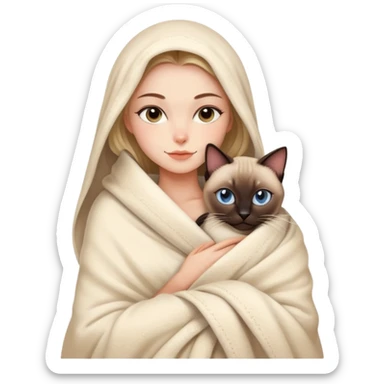 A beautiful and sexy Caucasian girl wrapped in a blanket hugging a Siamese cat sticker