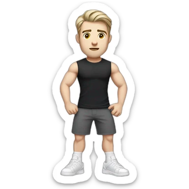 Confused Pale skinned Fit Man With the biceps and dark brown hair in black shirt, gray sports shorts and white Sneakers sticker