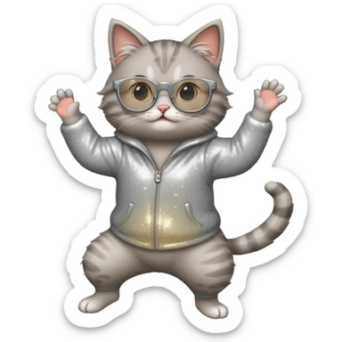 A cat with sparkly glasses dancing awkwardly on its hind legs.


















 sticker