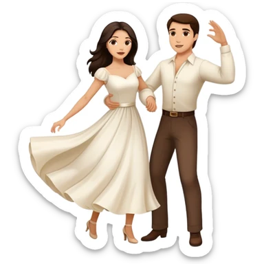 Beautiful woman in 1950’s woman fashion look, white dress, long dark brown hair, balboa couple dance  sticker