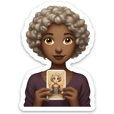 a girl with fair skin, short curly hair, holding tarot cards. sticker