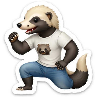 mischievous anthropomorphised honey badger in jeans and a t-shirt, playful expression sticker