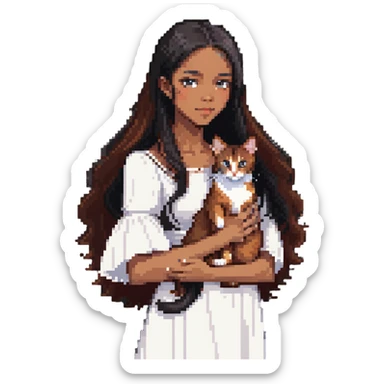 beautiful girl with long black hair wearing a white dress holding an Abyssinian cat with reddish-brown fur in her arms sticker