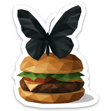 low-poly polygonal style black butterfly sitting on a burger sticker