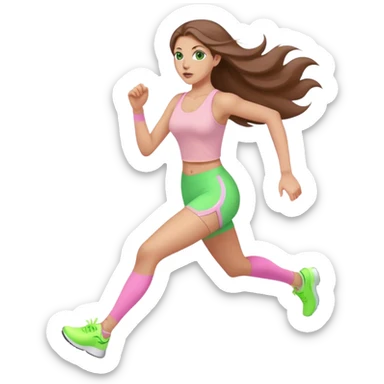 pretty woman with very long brown hair and green eyes and light pink outfit running sticker