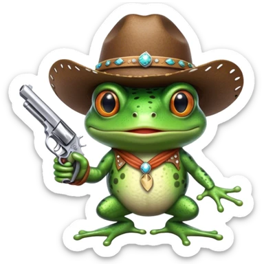 frog holding a pistol wearing a cowboy hat sticker