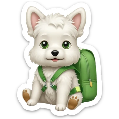 baby white dog wear green backpack sticker