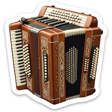 Cinematic Realistic image of a classic accordion, rendered with finely detailed textures and intricate keywork, set against a backdrop of soft, ambient lighting that highlights its vintage charm sticker