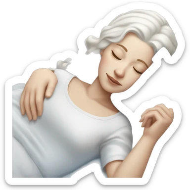 white female with white hair with a blue bow asleep on a blue-white bed sticker