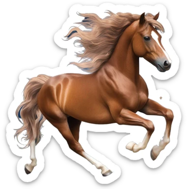 Ethereal newspaper cutting magazine collage glittering iridescent rich chestnut brown brindle blue mane horse galloping through constellations and nebulas, unicorn Pegasus sticker