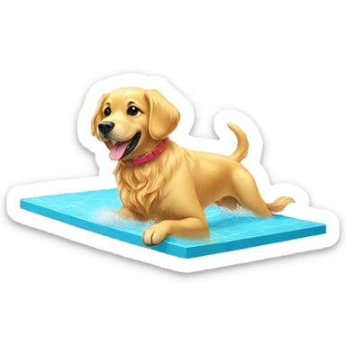 Golden retriever in a bathing suit diving off a platform sticker