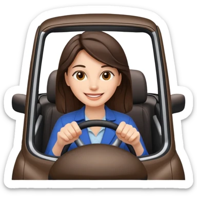 Brunette woman driving car like crazy. New car. Happy face confidence  sticker