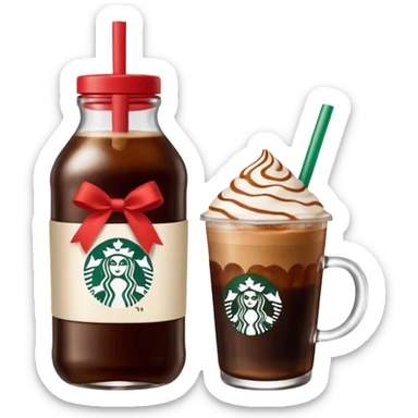 Starbucks iced espresso with milk and the cup has red ribbons printed on it. There is a bottle of cinnamon dolce syrup next to it  sticker