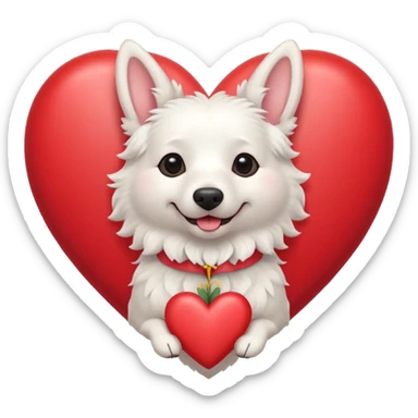 White belgian Dog with a flowerband on head is jumping in a heart sticker