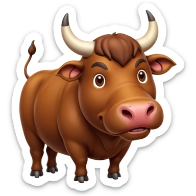 An adorable full-body 3d brown bull with large and exaggerated features in the shape of a ball. Make the background white sticker