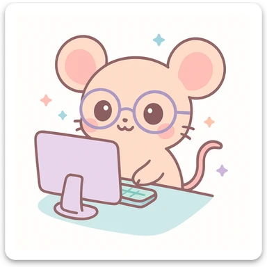 cute mouse wearing glasses using a computer, kawaii cartoon style sticker