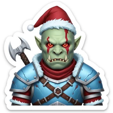 Fantasy Christmas orc legion soldier icon, iron tundra army theme, heavy winter armor, disciplined brutal look, cold steel armor cracked with frozen crimson lines, bloodfrost effect, icy blue and dark red color palette, minimal clean emoji style sticker