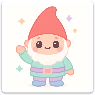 cute garden gnome, waving, red hat, kawaii style, adorable, colorful, charming sticker
