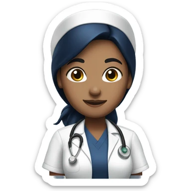 Female Nurse in navy blue scrubs with black hair and cap sticker