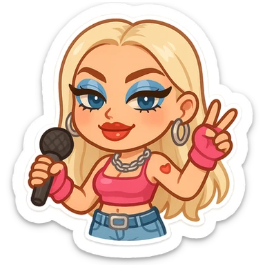 Slayyyter pop star emoji, bold makeup, platinum blonde hair, Y2K fashion, confident expression, vibrant colors sticker