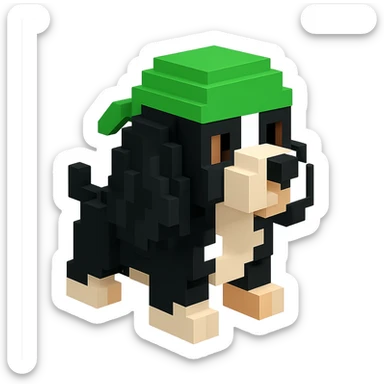 A black and white Russian Cocker Spaniel puppy wearing a green durag, voxel style, facing right sticker