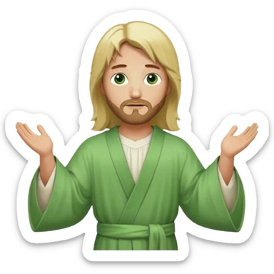 Jesus, green eyes, blonde hair, light green church robe. opening arms, gazing thoughtfully. Soft light, subtle fern. Waist-up, profile. sticker