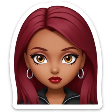 bratz baddie, beautiful eyes dark brown, eyeliner, dark red hair, middle skin sticker
