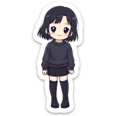 Anime girl black hair black eyes pale skin black sweater black skirt white tights transparent black high boots, who smiles and a little washed out style sticker